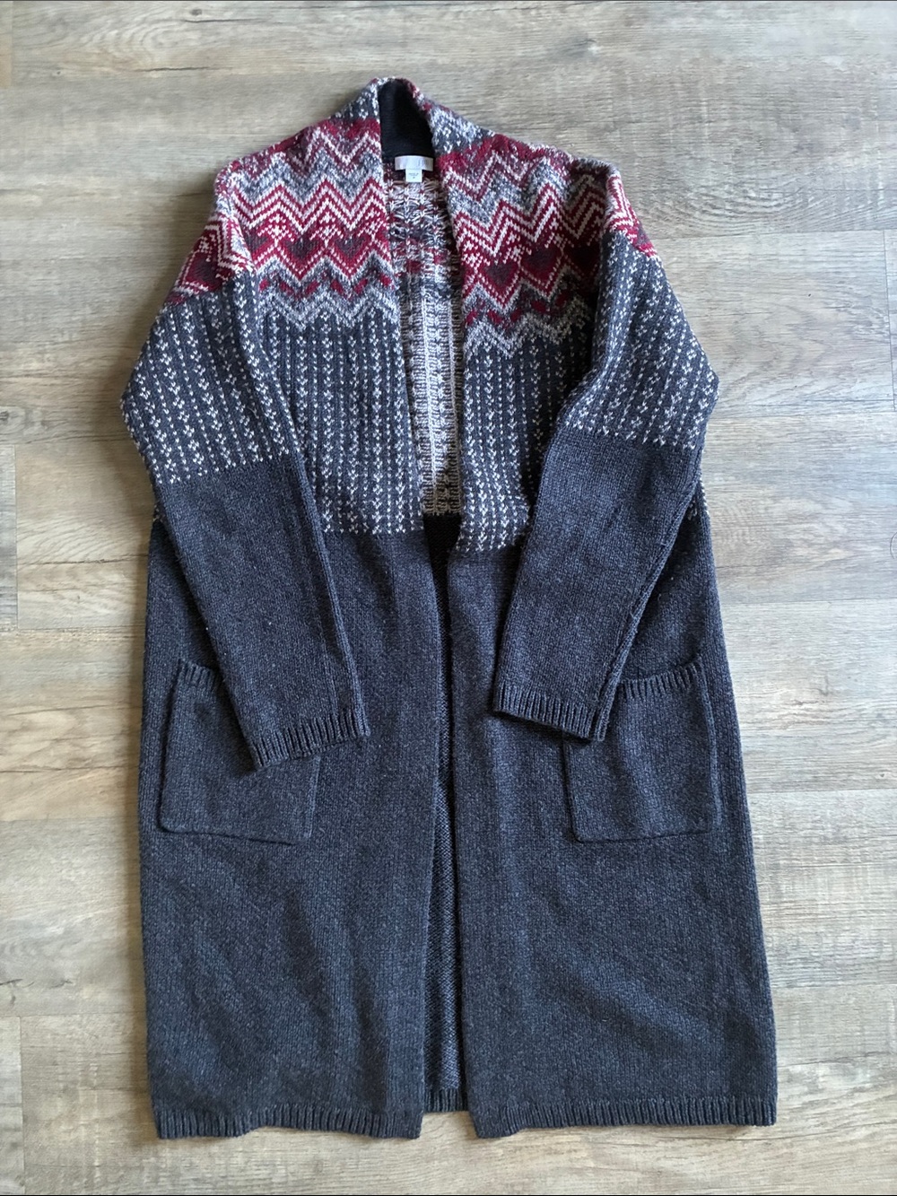 J. Jill Long Open-Front Cardigan Coatigan in Charcoal with Red Yoke